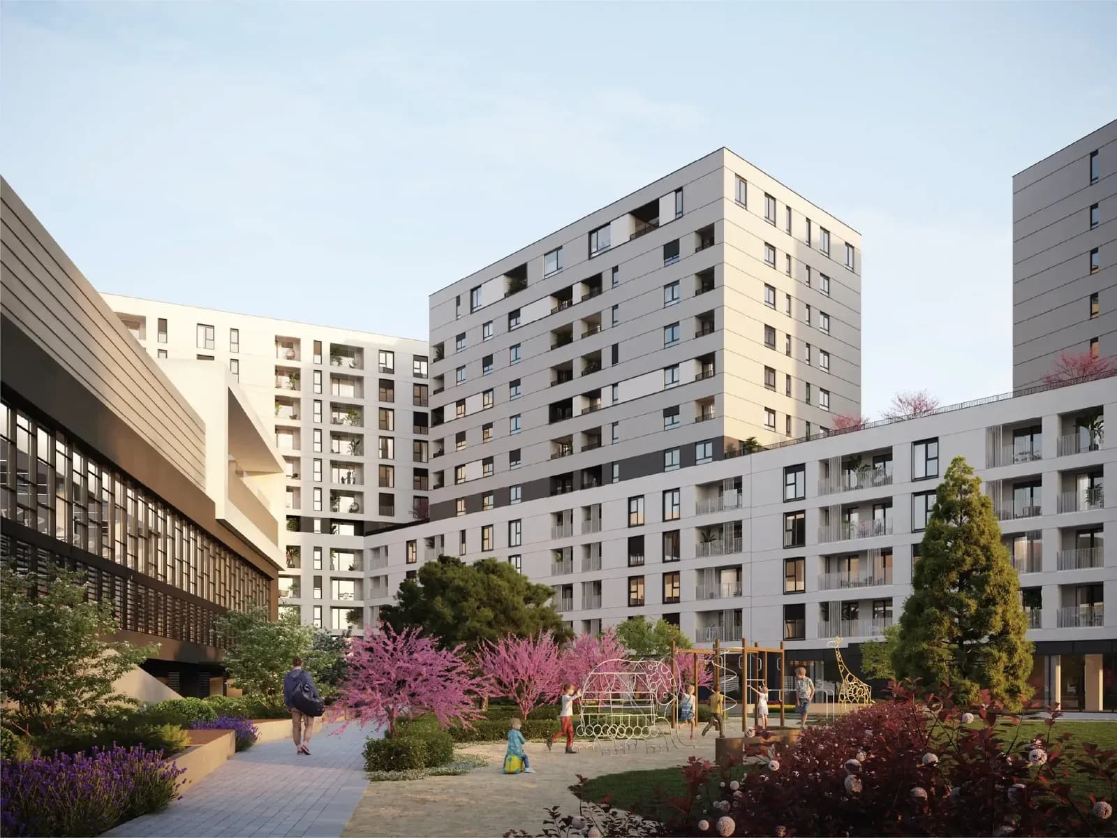 City of Mara, Timișoara: rendering of the residential buildings and a flowering garden
