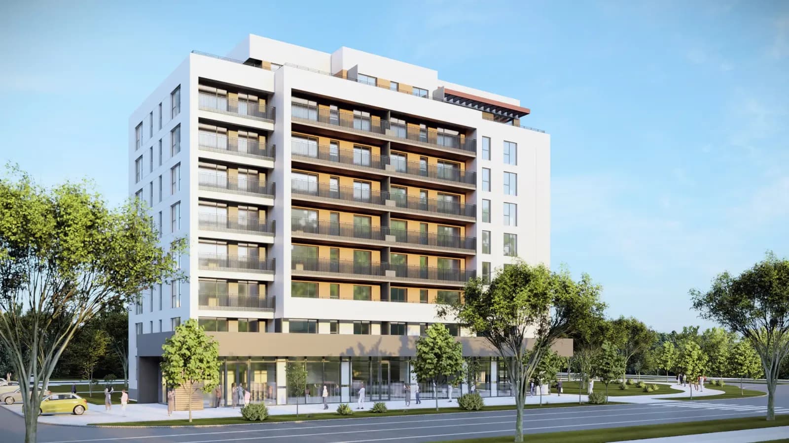 Coresi, Brașov: rendering of the white residential building among trees