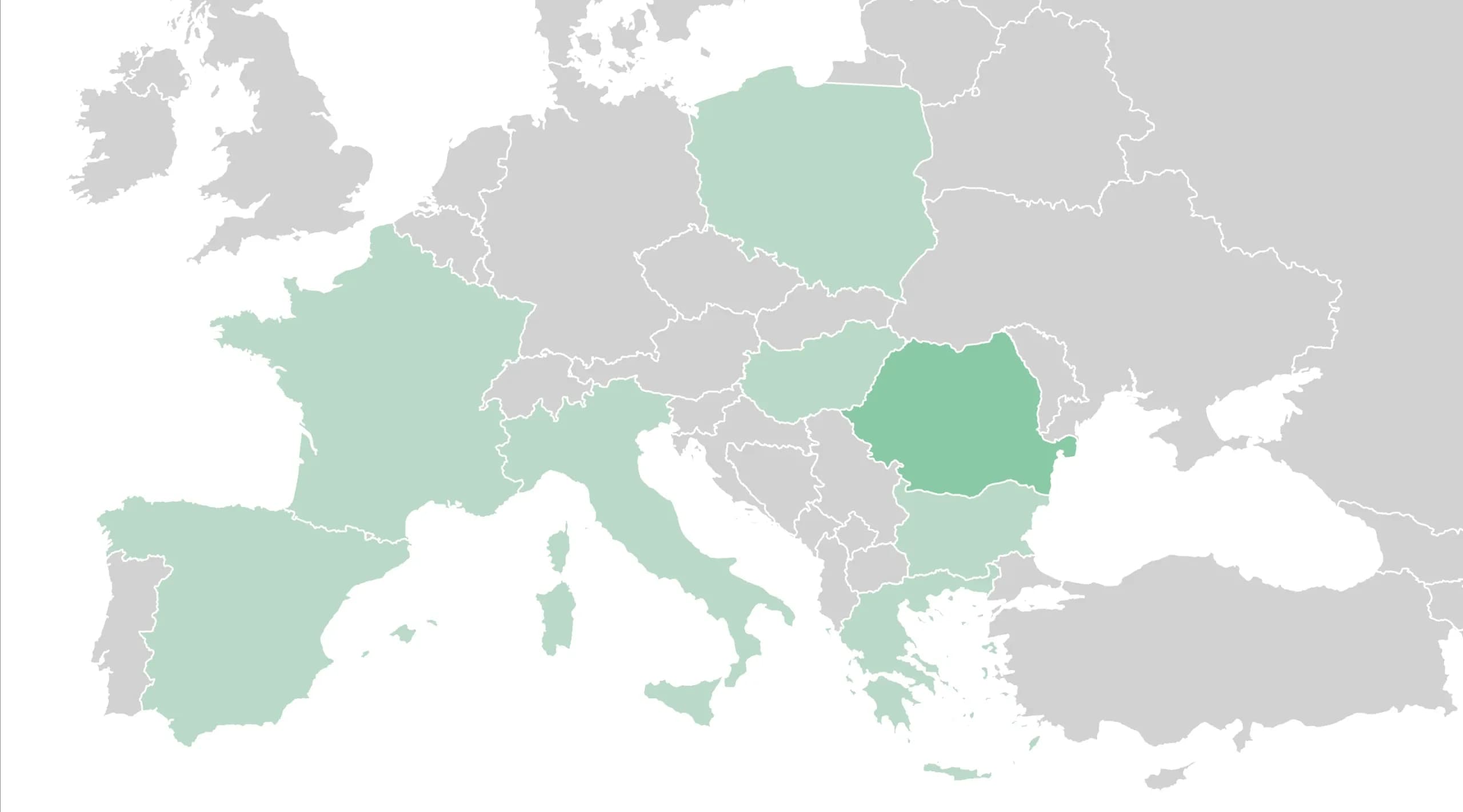 Map of Europe highlighting Romania and the target markets