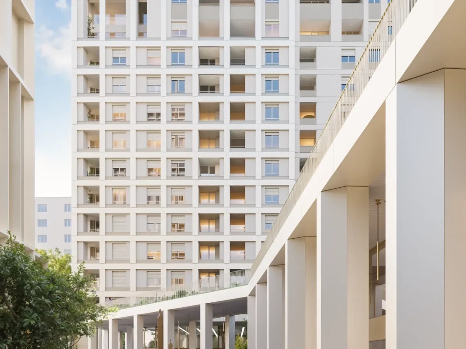White residential facade with balconies