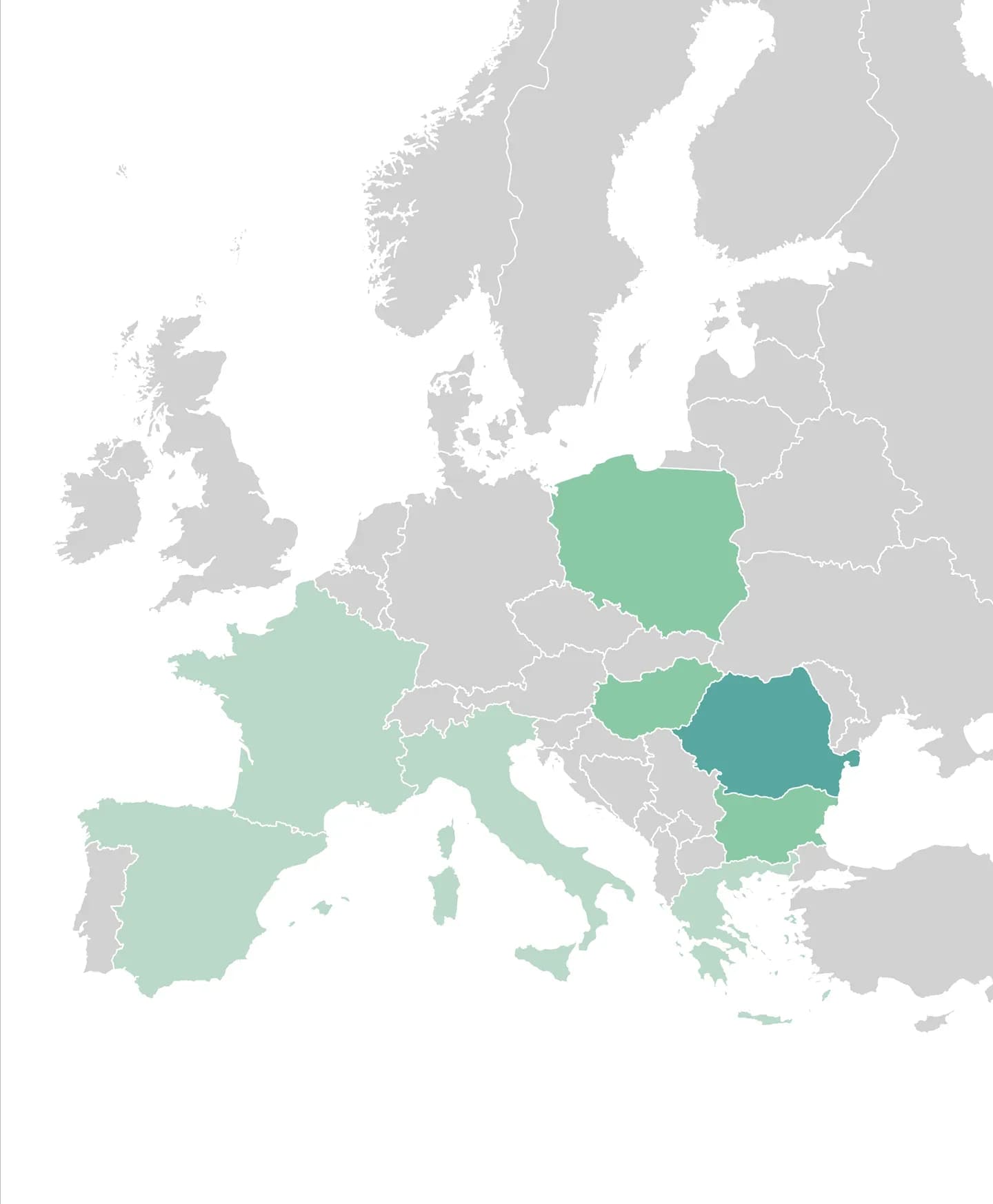 Map of Europe: Romania highlighted as the active base, Poland, Hungary and Bulgaria as expansion focus, France, Spain, Italy and Greece as selective opportunities
