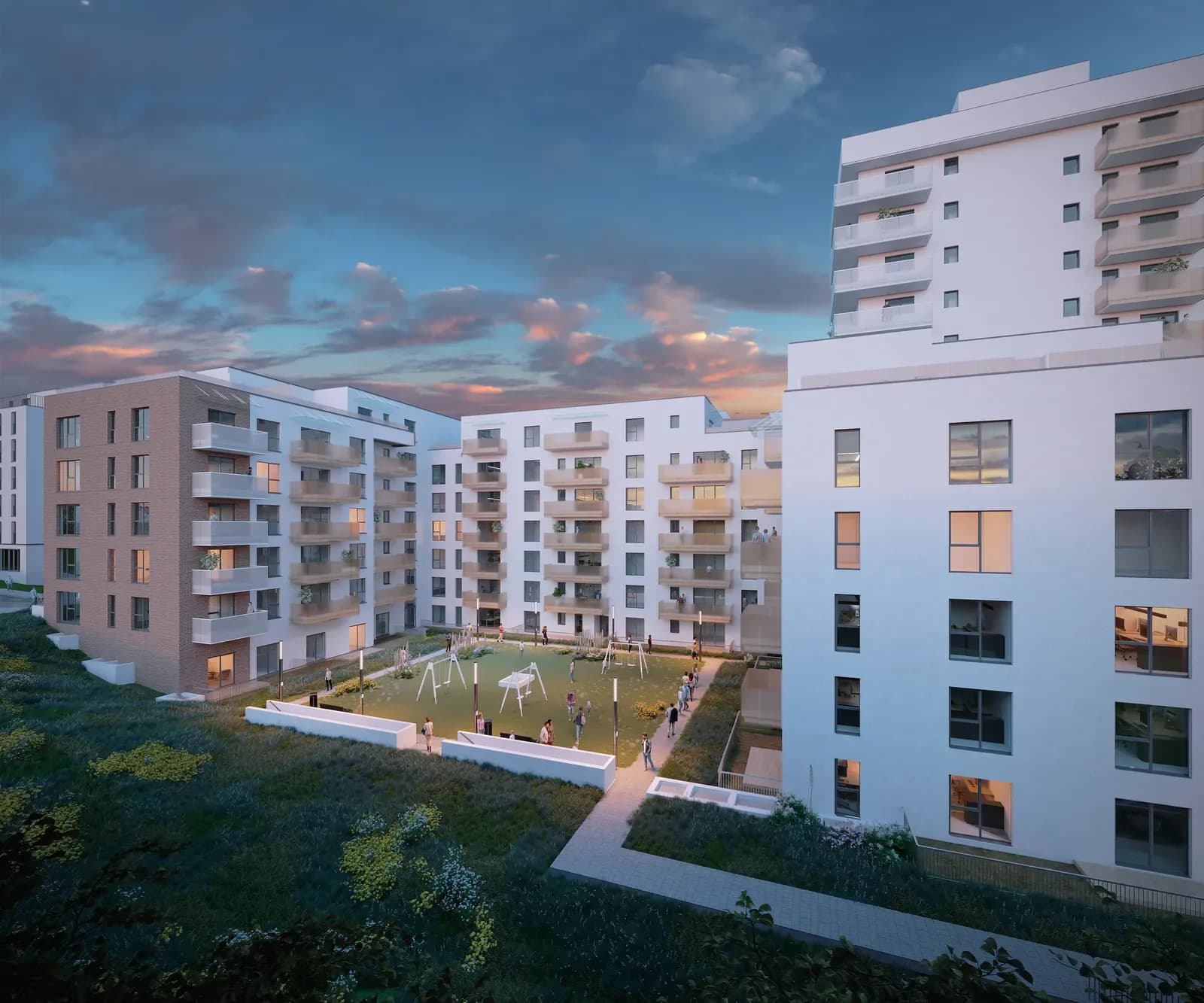 CitiUs, Cluj-Napoca: rendering of the residential buildings around a courtyard at dusk