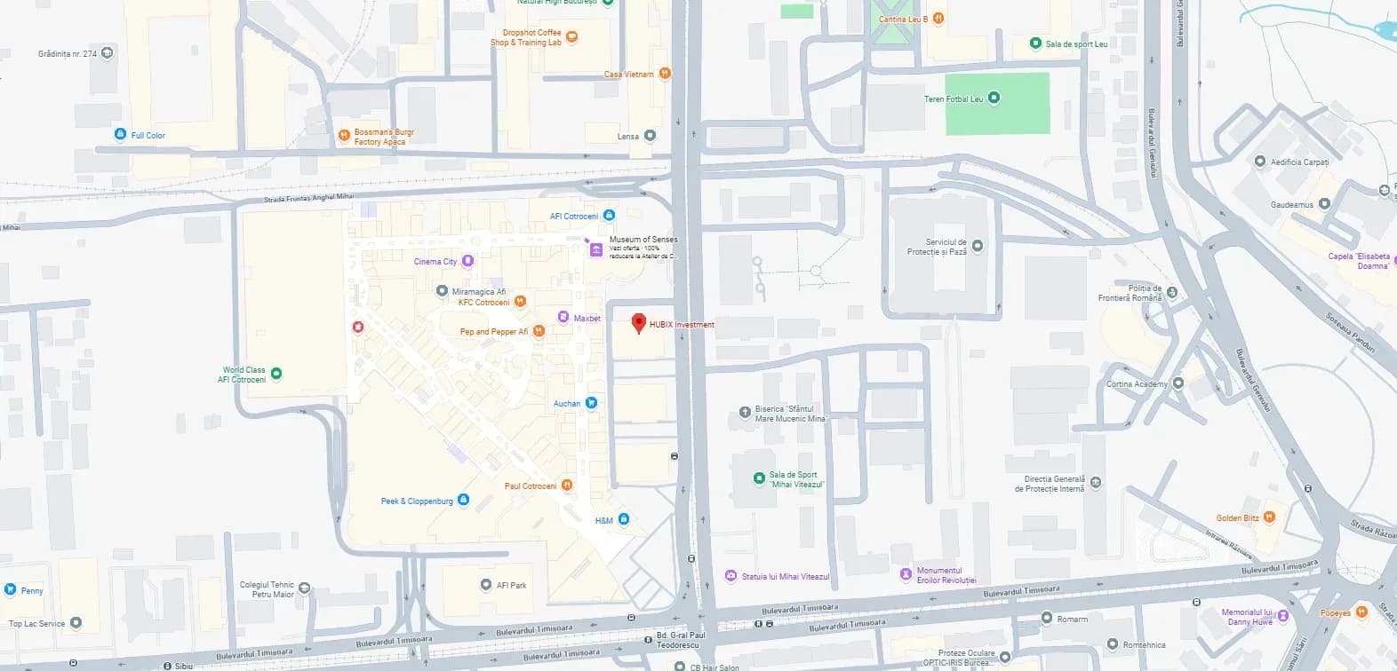 Map of the area around AFI Park in Bucharest, with the Hubix office marked
