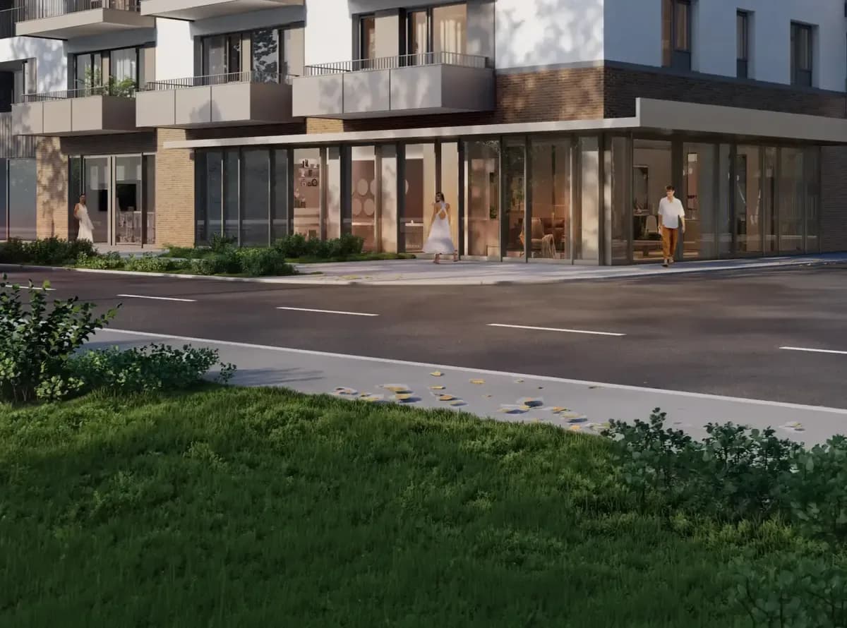 Ground-floor shops of a residential building at street level