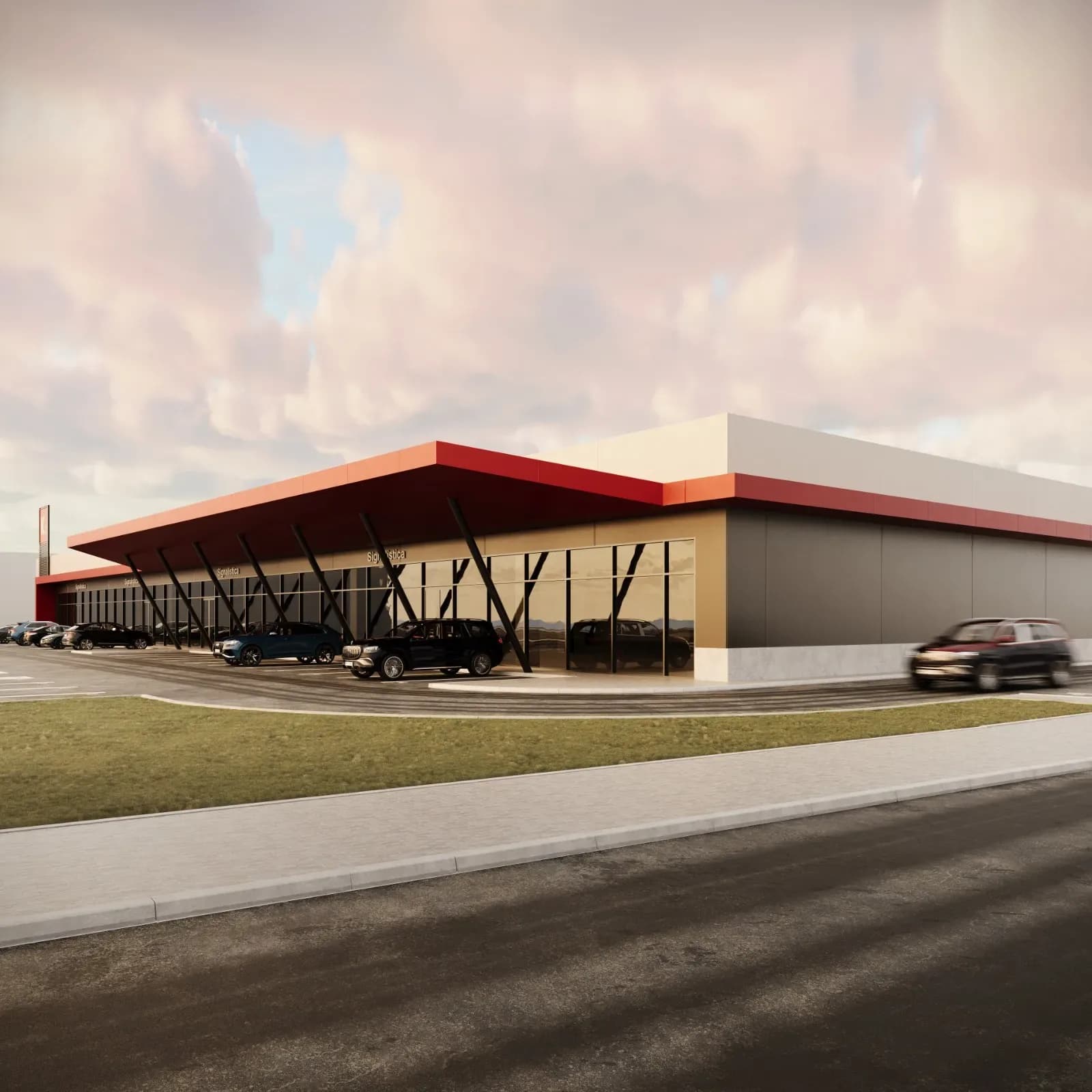 K2 Retail Park, Târgu Mureș: rendering of the retail park facade at sunset