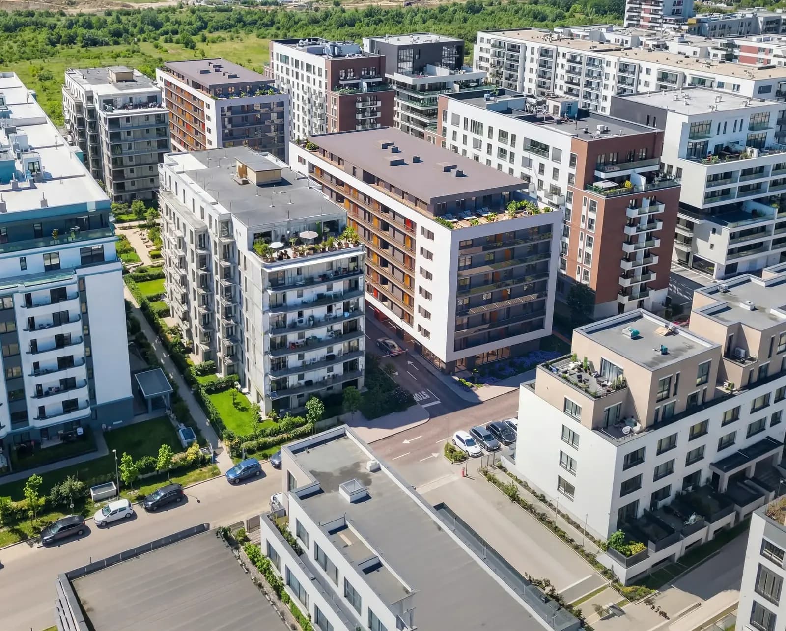 Aerial view of a redeveloped urban district